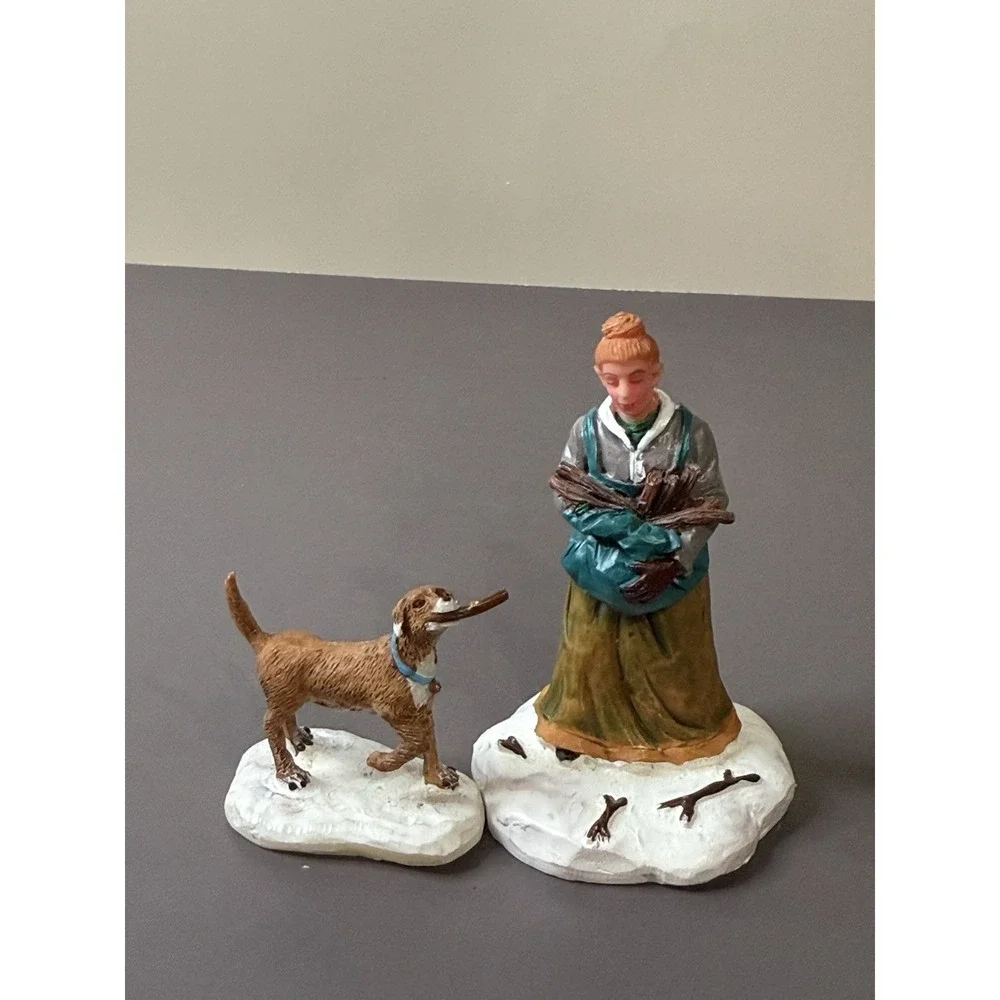 Vintage Lemax Christmas Village Figurine Gathering Kindling Woman & Dog Lot of 2